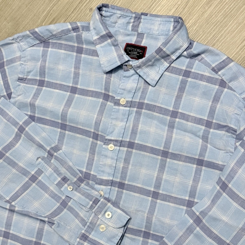 UNTUCKit Belmont WR Shirt Men's L  Blue Plaid 100% Linen Wrinkle Resistant